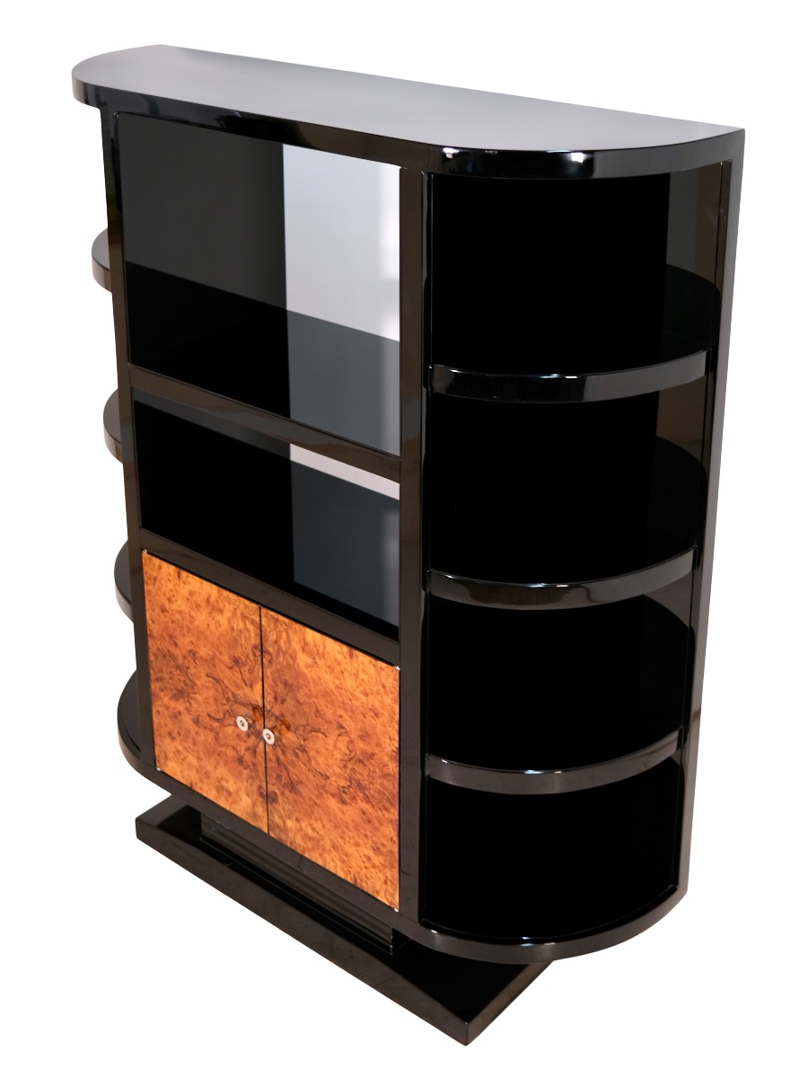 Black-lacquered Shelf With Burl Walnut Fronts, High-gloss Lacquer Finish, France, 1950s-photo-2