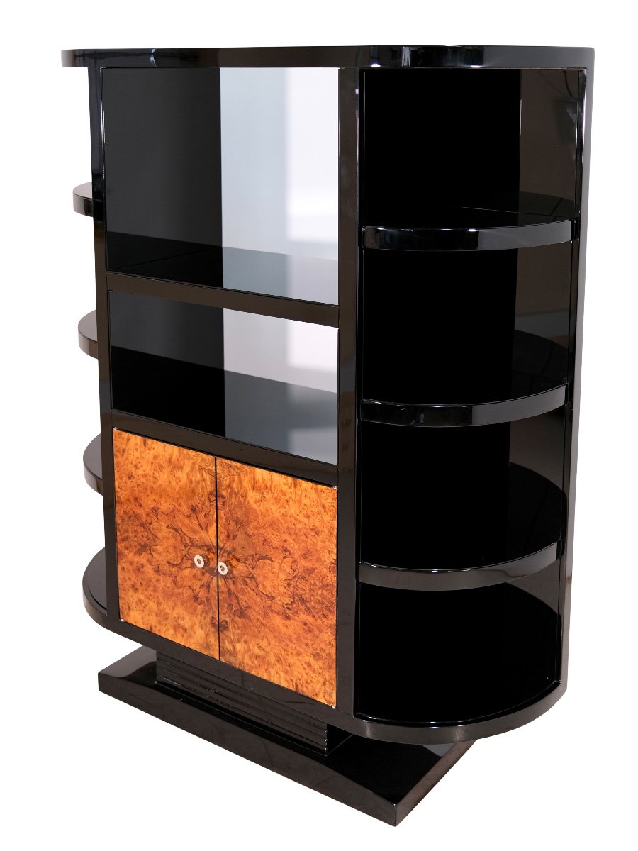 Black-lacquered Shelf With Burl Walnut Fronts, High-gloss Lacquer Finish, France, 1950s-photo-3