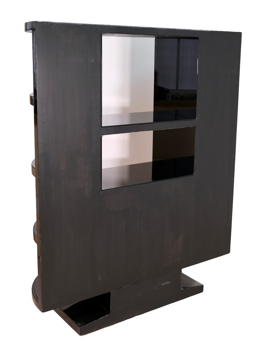 Black-lacquered Shelf With Burl Walnut Fronts, High-gloss Lacquer Finish, France, 1950s-photo-4