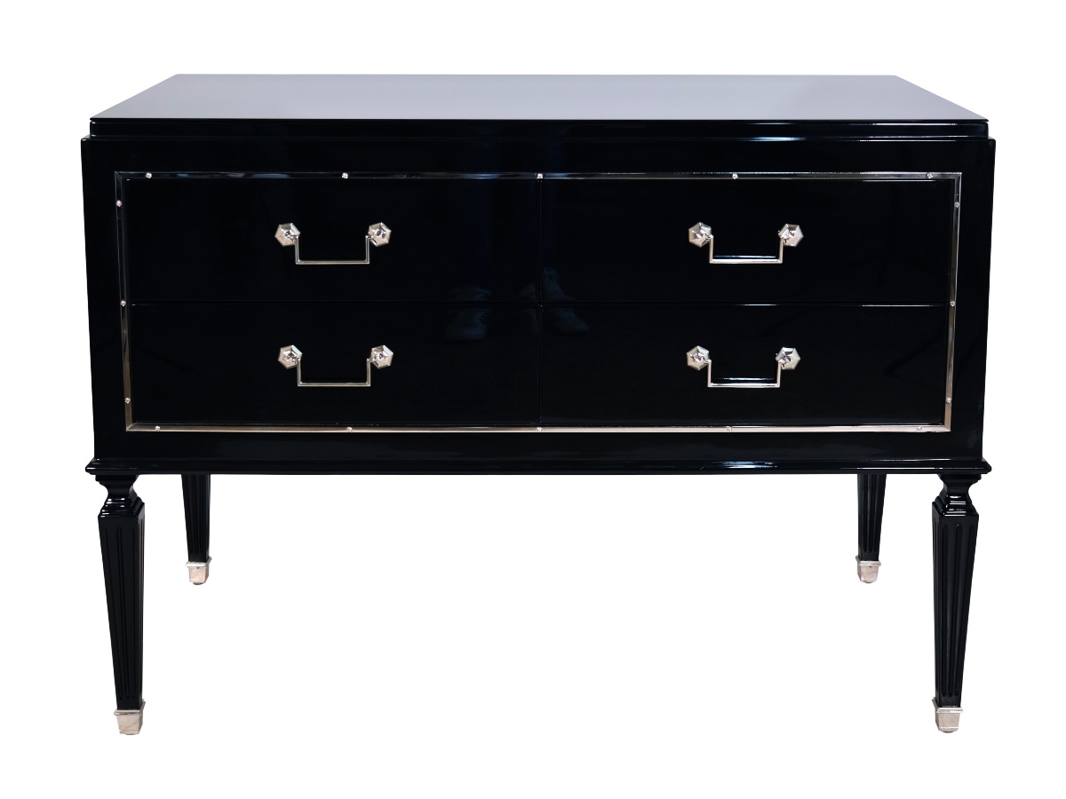 Commode à quatre tiroirs Finition laque noire brillante, Art déco d'époque, France, années 1930-photo-2