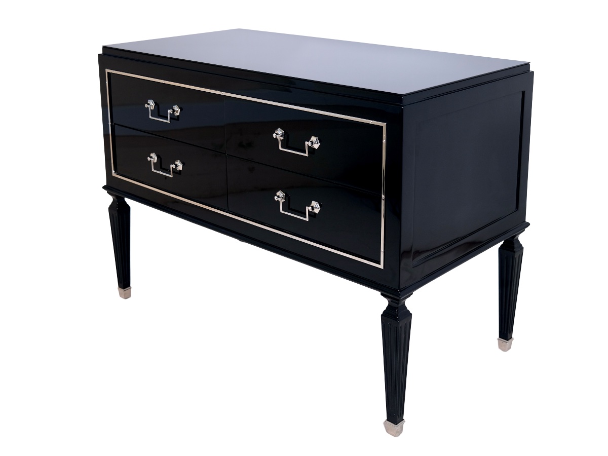 Commode à quatre tiroirs Finition laque noire brillante, Art déco d'époque, France, années 1930-photo-1