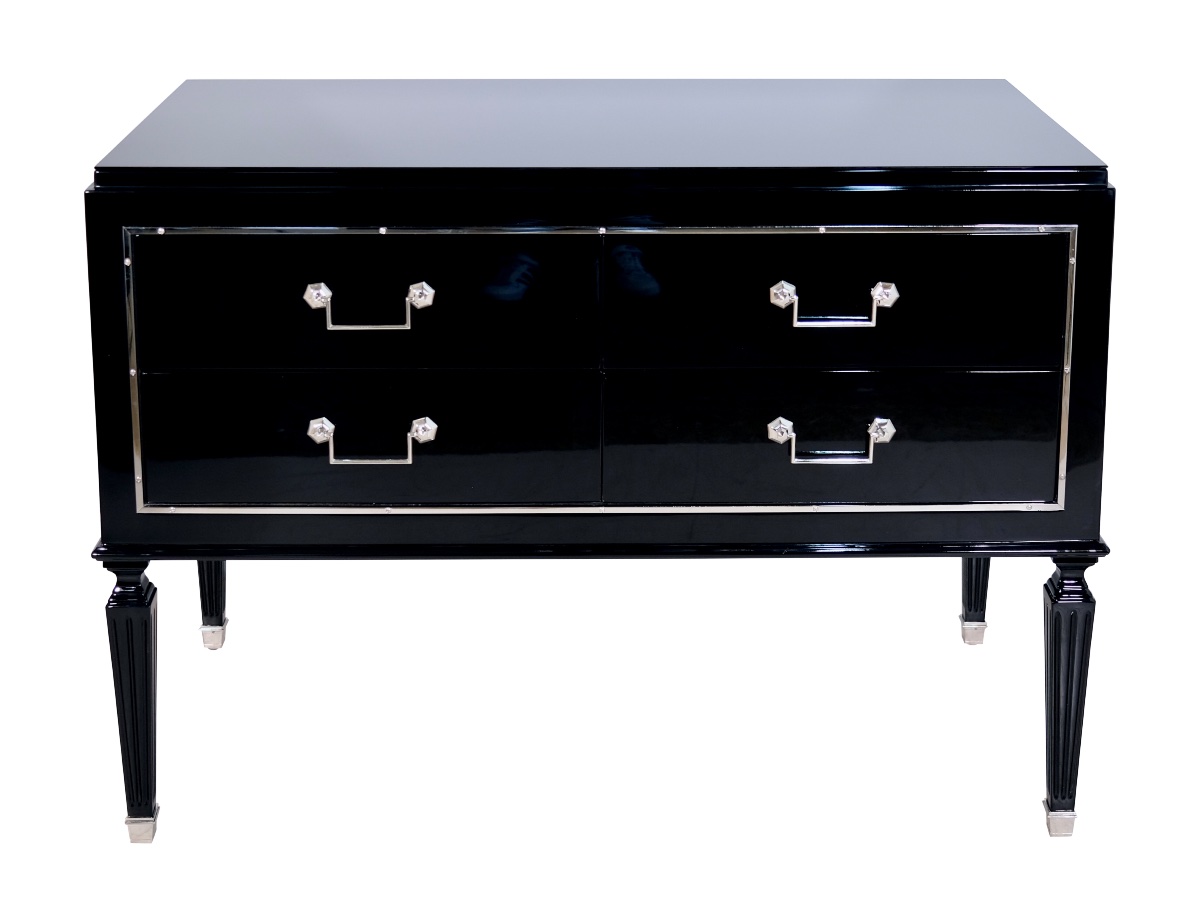 Commode à quatre tiroirs Finition laque noire brillante, Art déco d'époque, France, années 1930