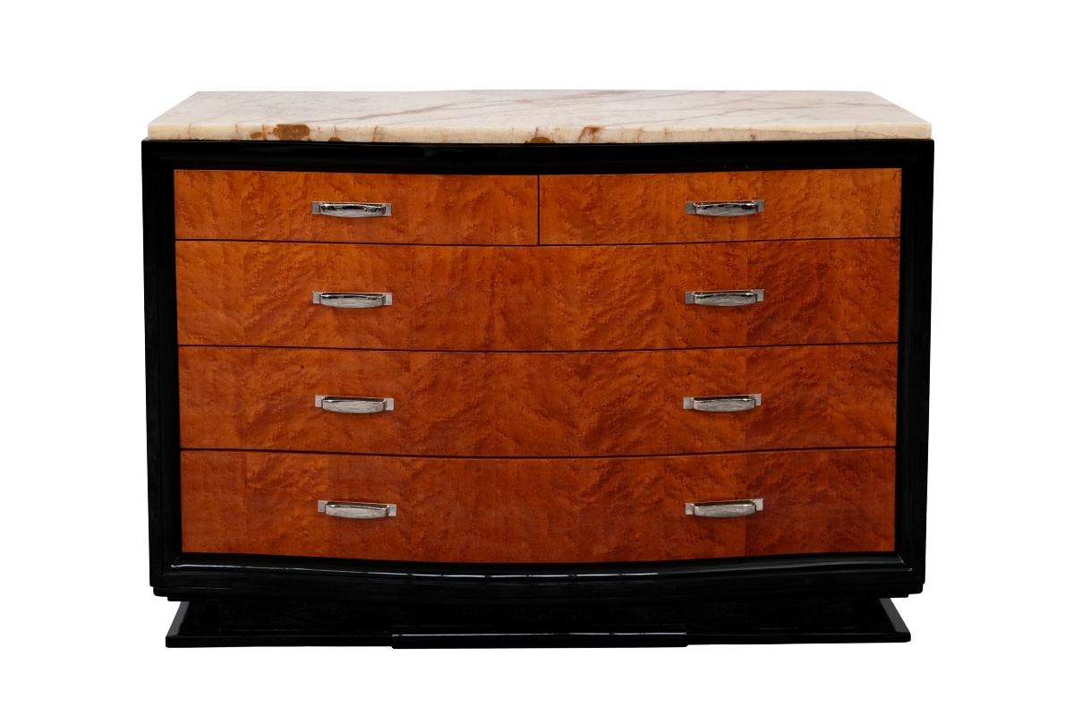Commode Art déco à 5 tiroirs, en laque noire brillante associée à de l'érable moucheté.-photo-2