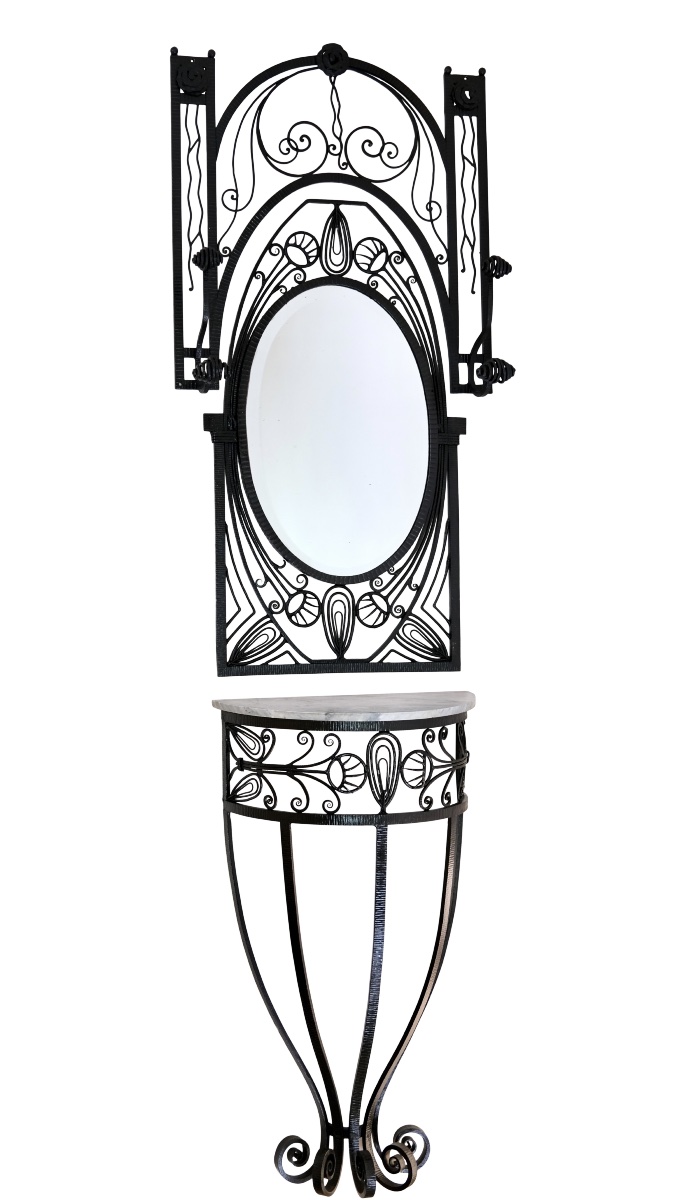 Three-piece Entryway Set Consisting Of A Mirror And A Half-moon Console Table In M