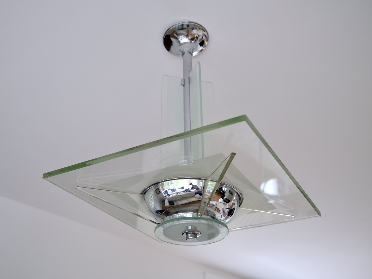 Plafonnier à verres épais et monture avec chromage d'origine.-photo-2