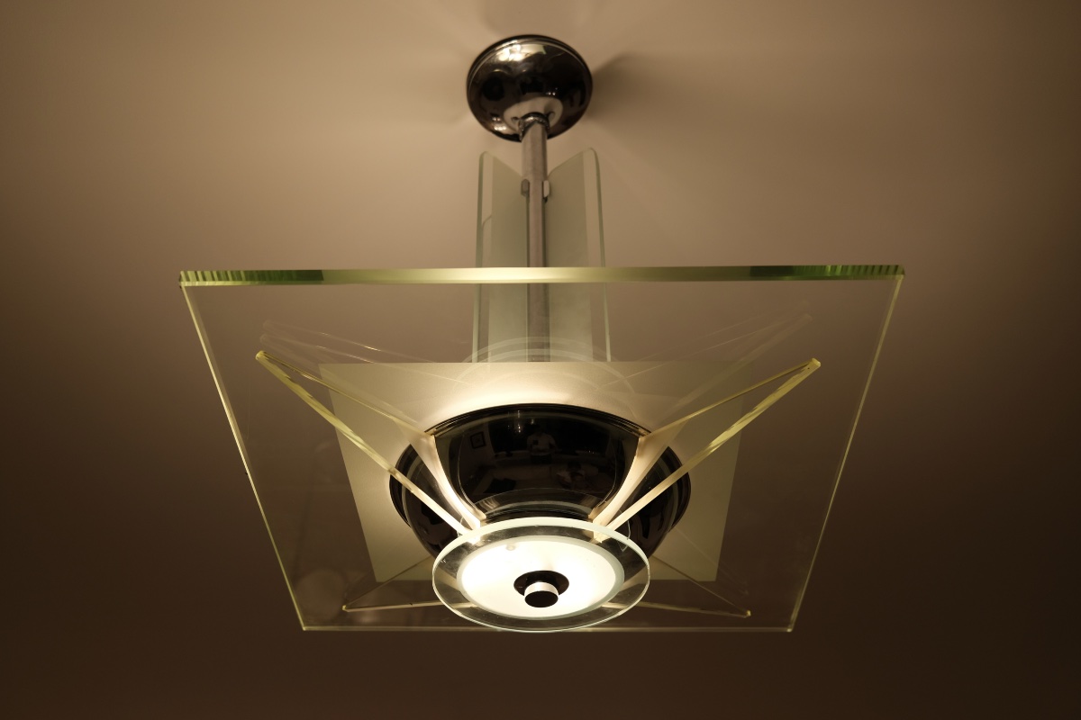Plafonnier à verres épais et monture avec chromage d'origine.-photo-4
