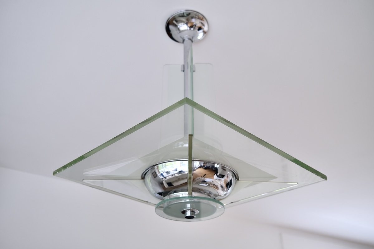Plafonnier à verres épais et monture avec chromage d'origine.-photo-3