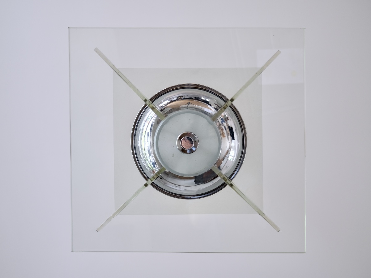 Plafonnier à verres épais et monture avec chromage d'origine.-photo-4