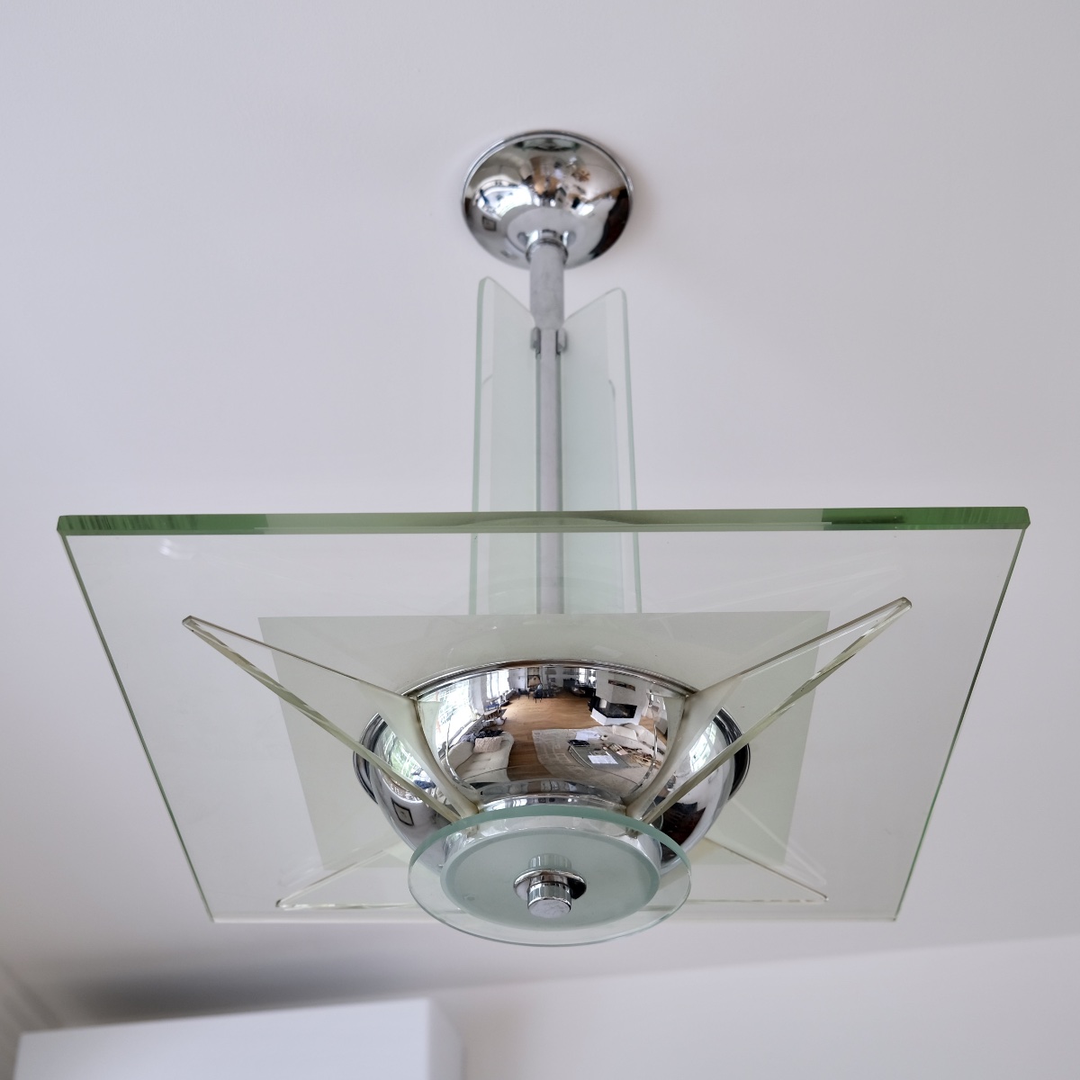 Plafonnier à verres épais et monture avec chromage d'origine.-photo-6