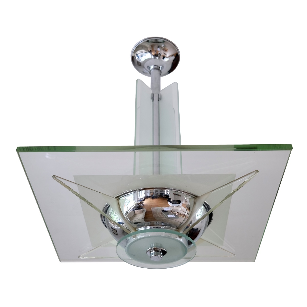 Plafonnier à verres épais et monture avec chromage d'origine.