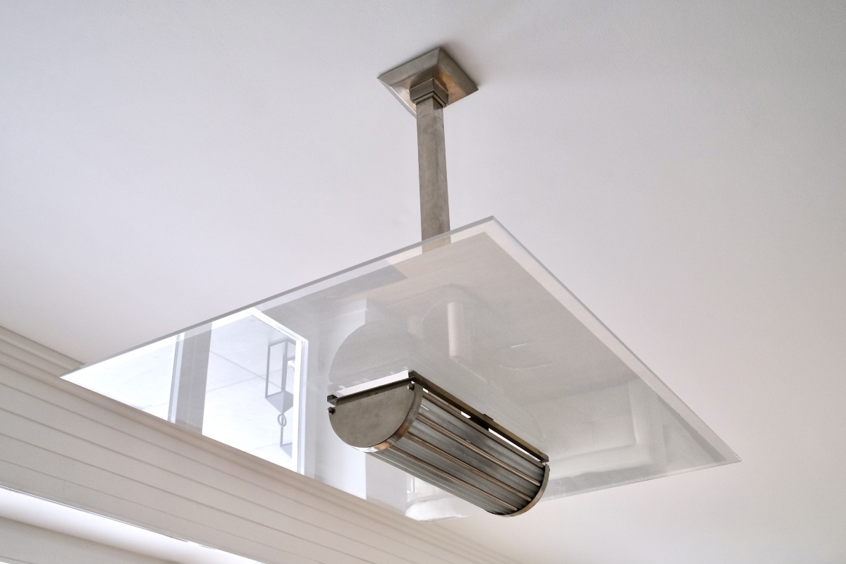 Ceiling Light With Large Glass Shade; Brass Frame With Original Nickel Plating-photo-3