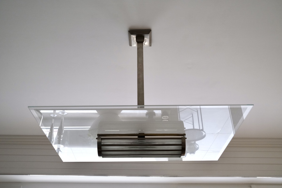 Ceiling Light With Large Glass Shade; Brass Frame With Original Nickel Plating-photo-2