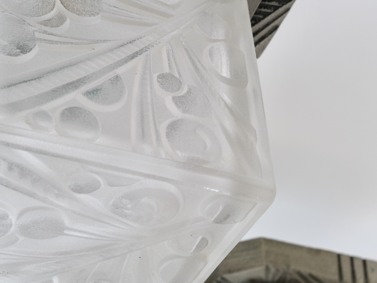 Ceiling Light With Five Cubist-style Glass Shades. Bronze Frame With Original Patina.-photo-3