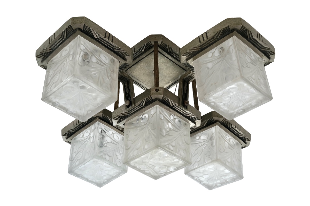 Ceiling Light With Five Cubist-style Glass Shades. Bronze Frame With Original Patina.-photo-4