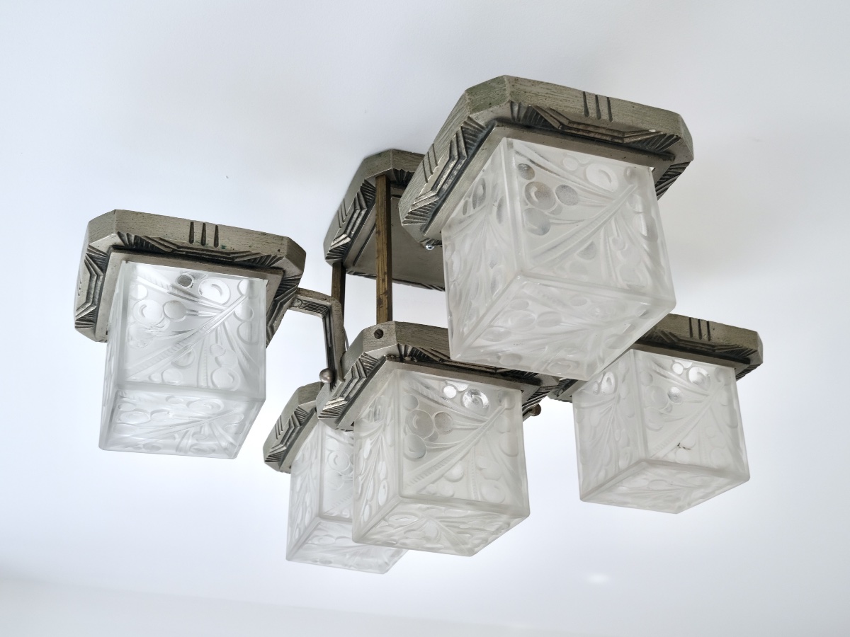 Ceiling Light With Five Cubist-style Glass Shades. Bronze Frame With Original Patina.-photo-1
