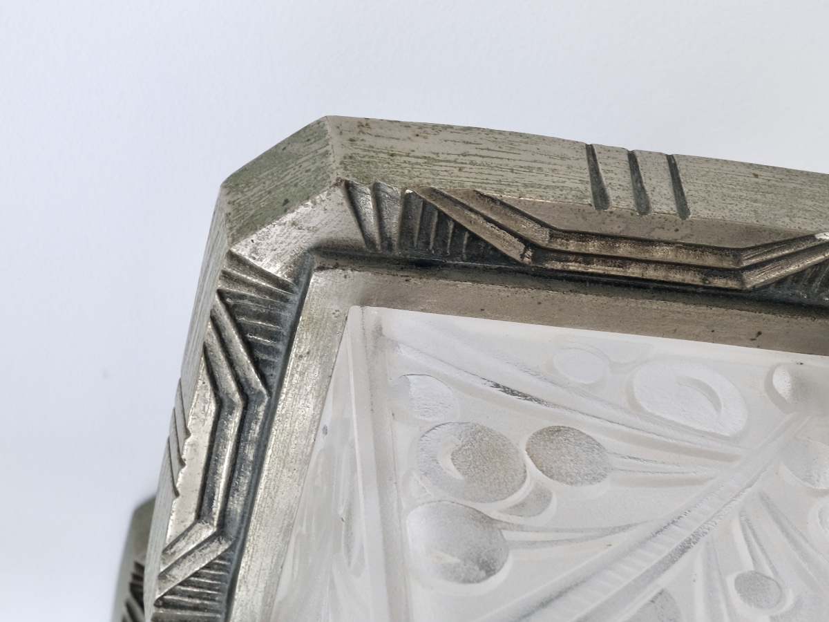 Ceiling Light With Five Cubist-style Glass Shades. Bronze Frame With Original Patina.-photo-2
