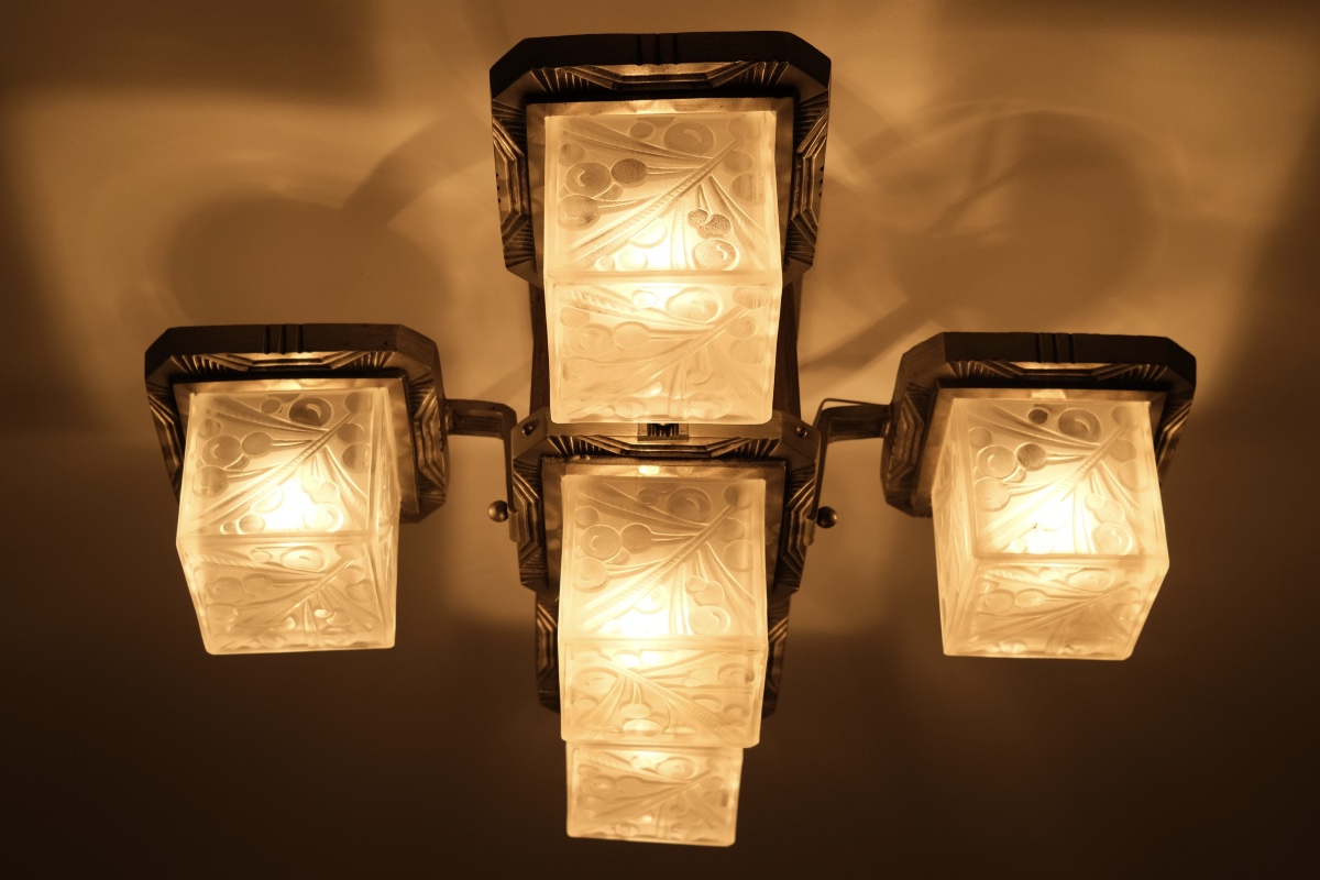 Ceiling Light With Five Cubist-style Glass Shades. Bronze Frame With Original Patina.-photo-3