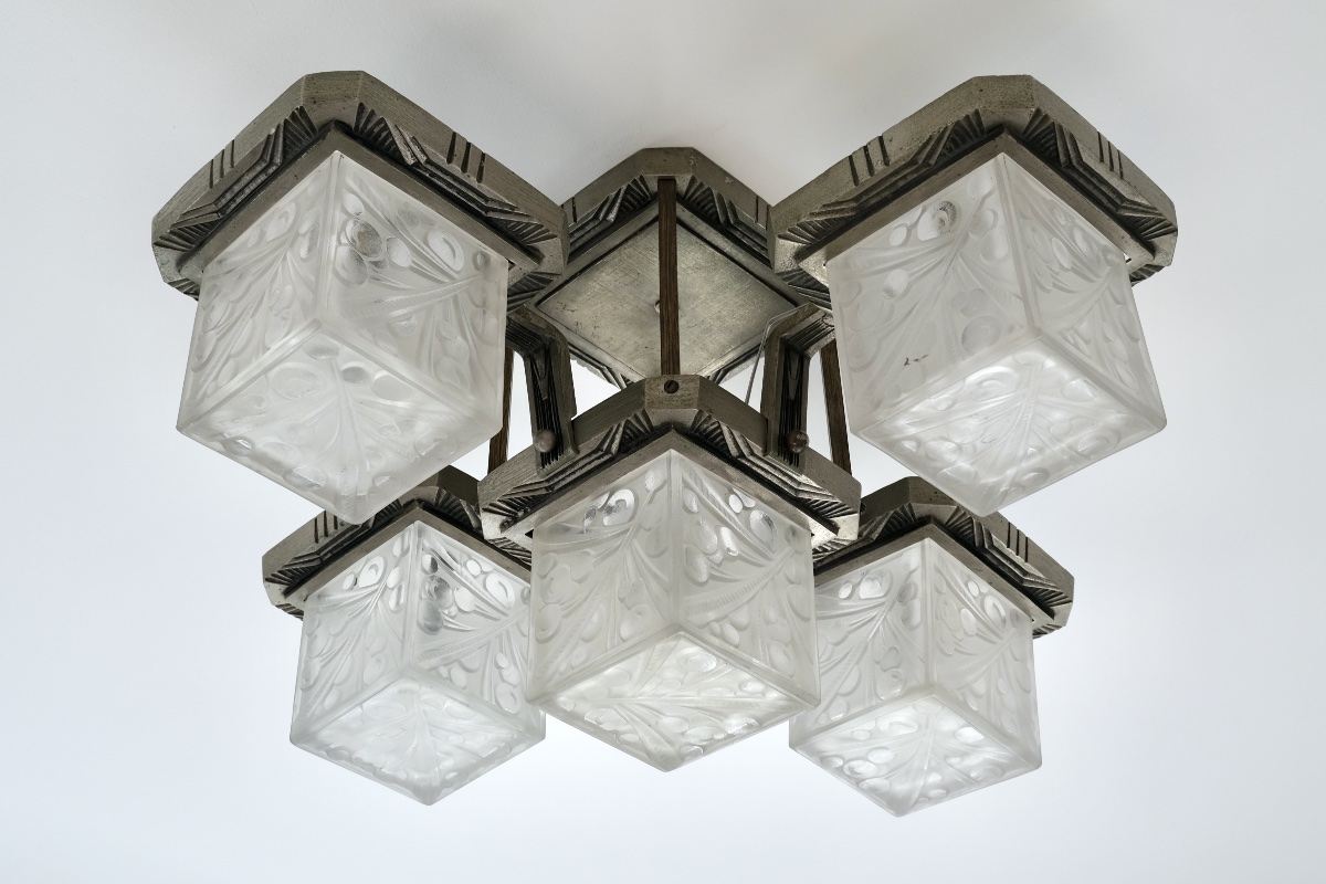 Ceiling Light With Five Cubist-style Glass Shades. Bronze Frame With Original Patina.