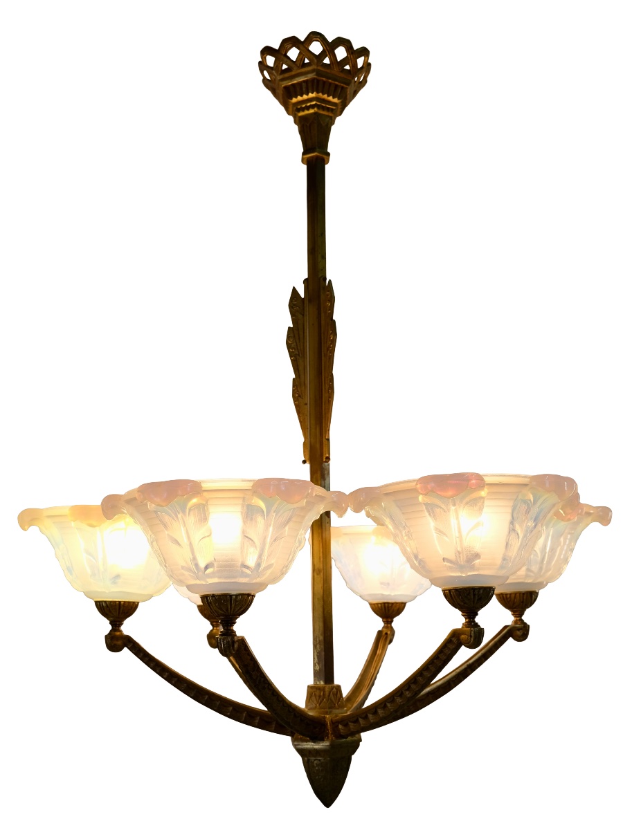 Ceiling Light: Bronze Frame With Original Patina; Opalescent Glass Shades -photo-2
