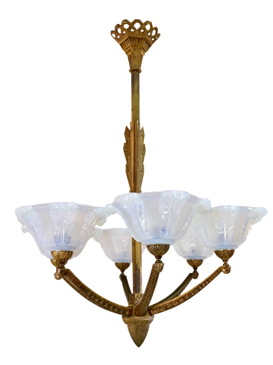 Ceiling Light: Bronze Frame With Original Patina; Opalescent Glass Shades -photo-3