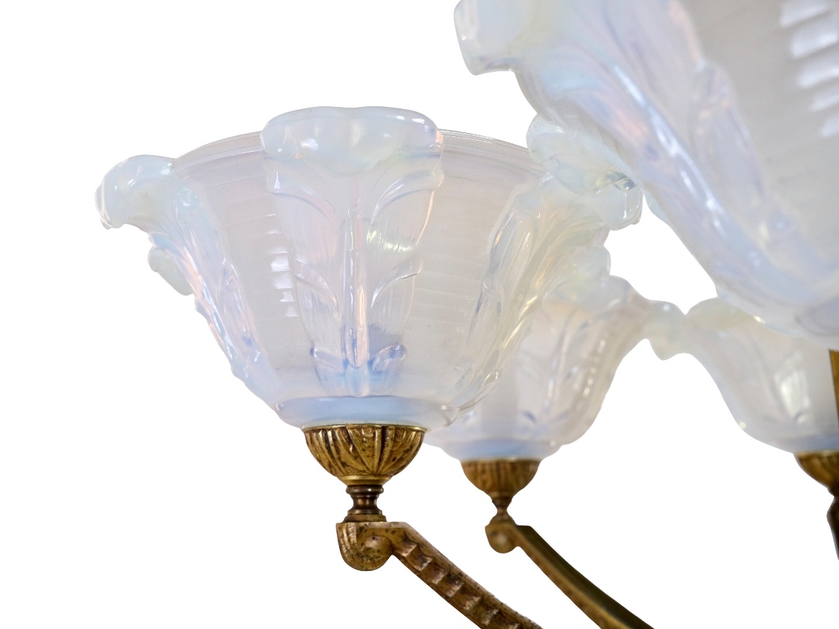 Ceiling Light: Bronze Frame With Original Patina; Opalescent Glass Shades -photo-1