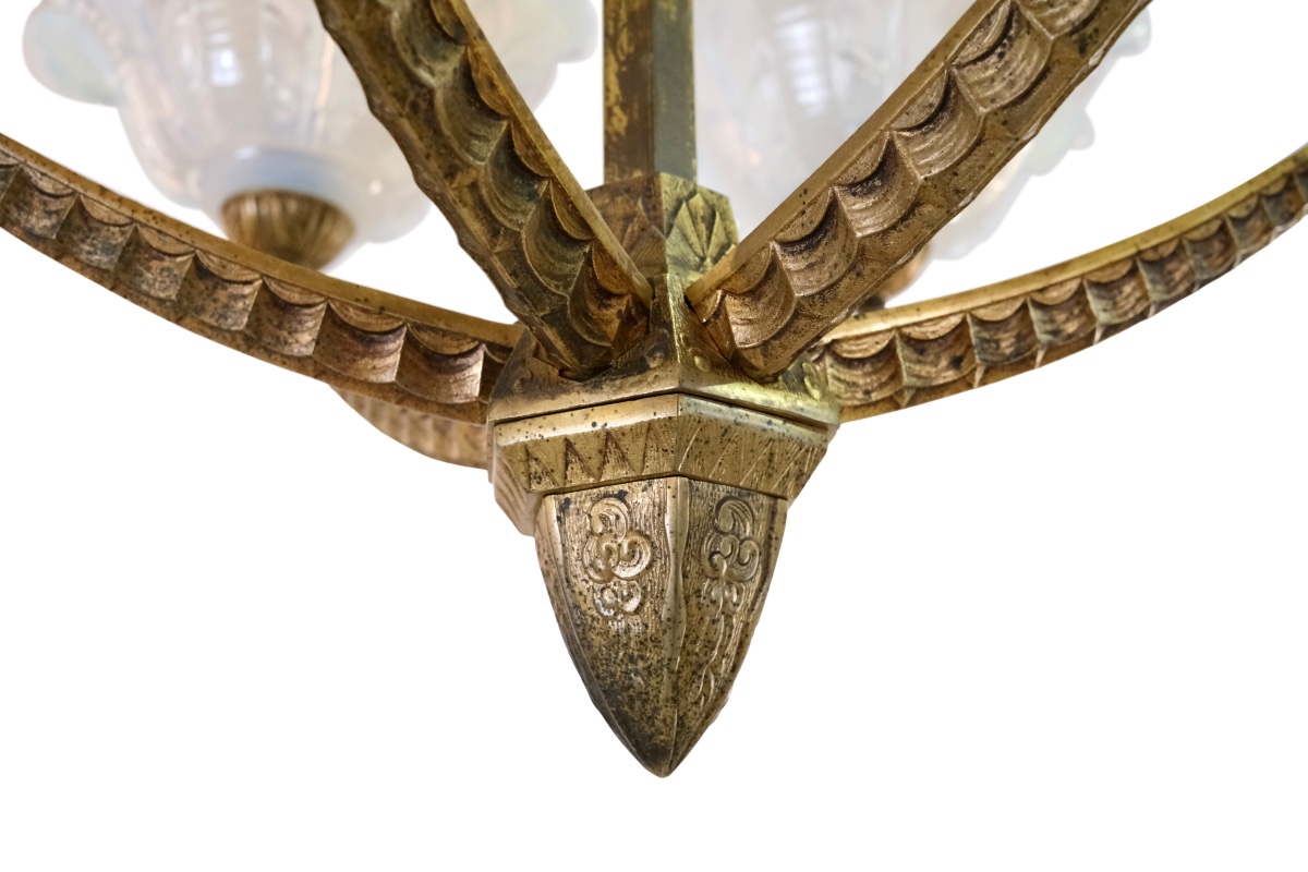 Ceiling Light: Bronze Frame With Original Patina; Opalescent Glass Shades -photo-2