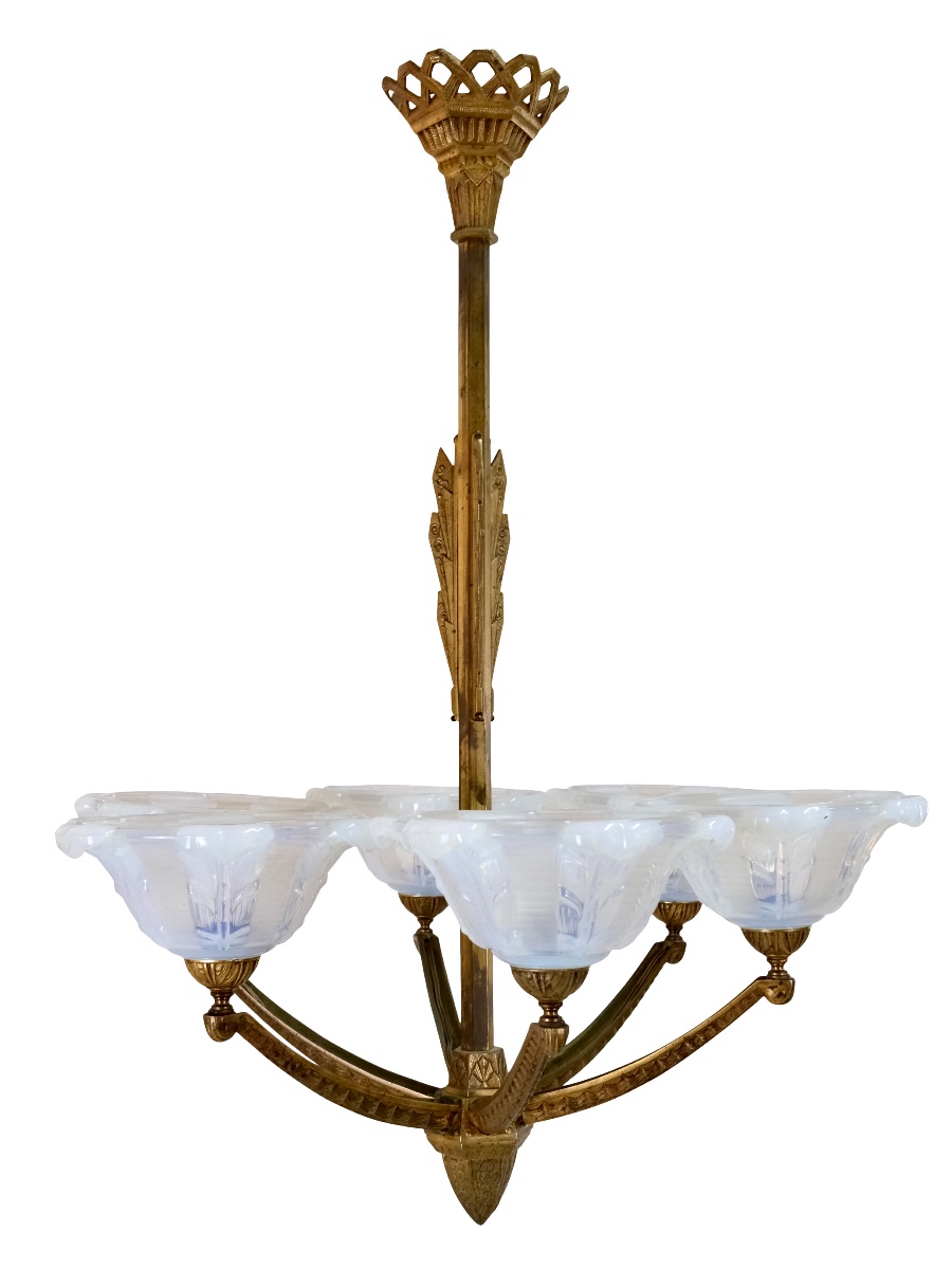 Ceiling Light: Bronze Frame With Original Patina; Opalescent Glass Shades 