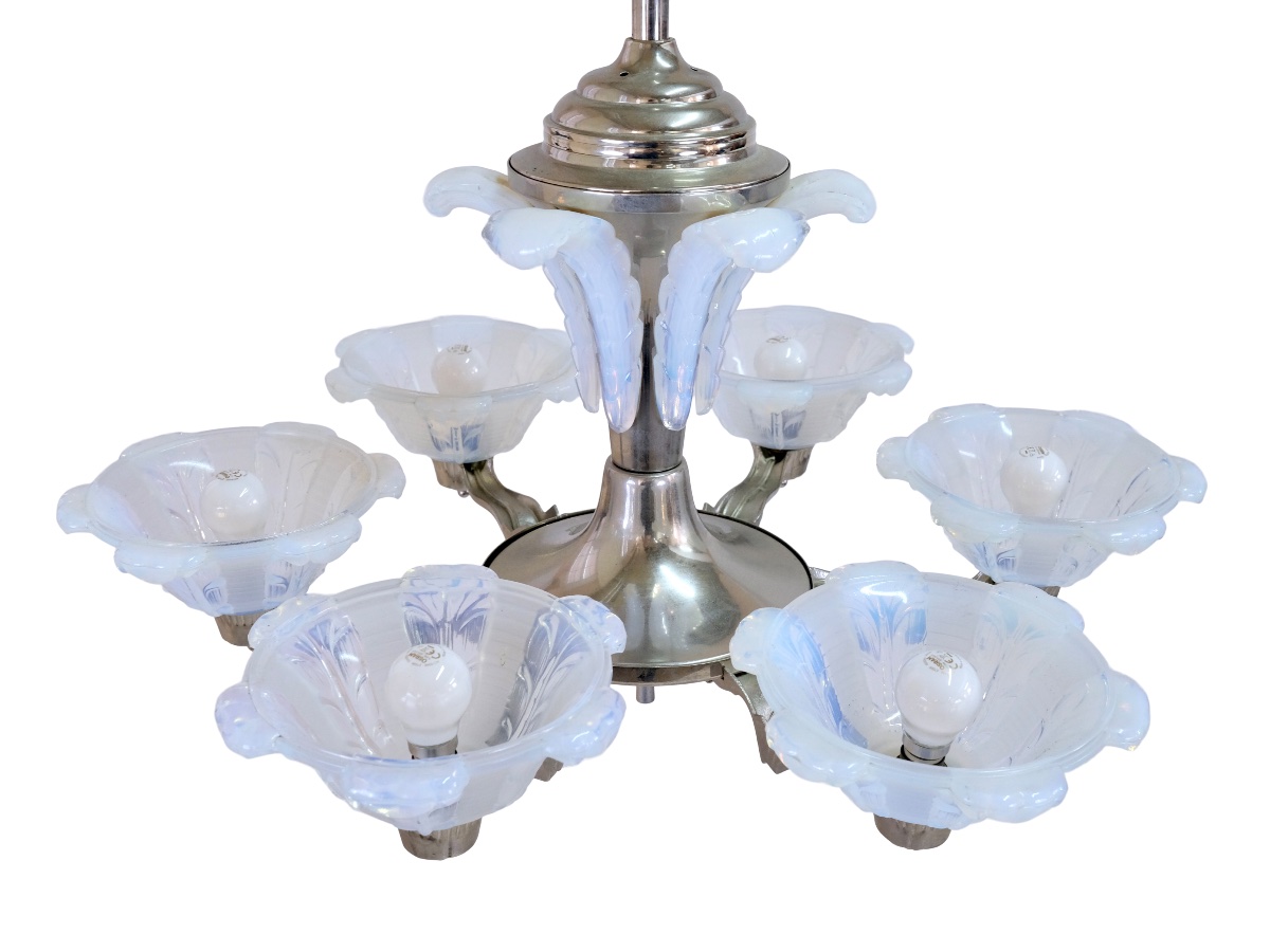 Ceiling Light Metal Frame, Nickel Plating Refurbished Opalescent Glass Shades-photo-2