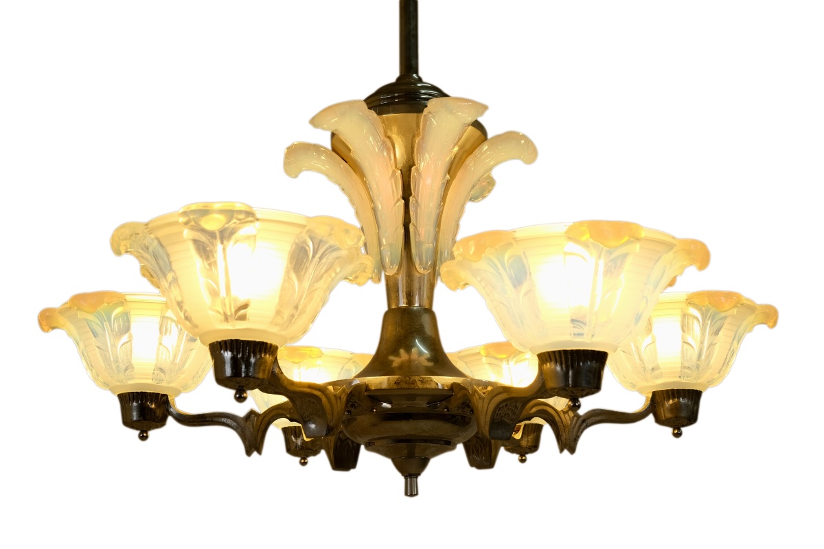 Ceiling Light Metal Frame, Nickel Plating Refurbished Opalescent Glass Shades-photo-3