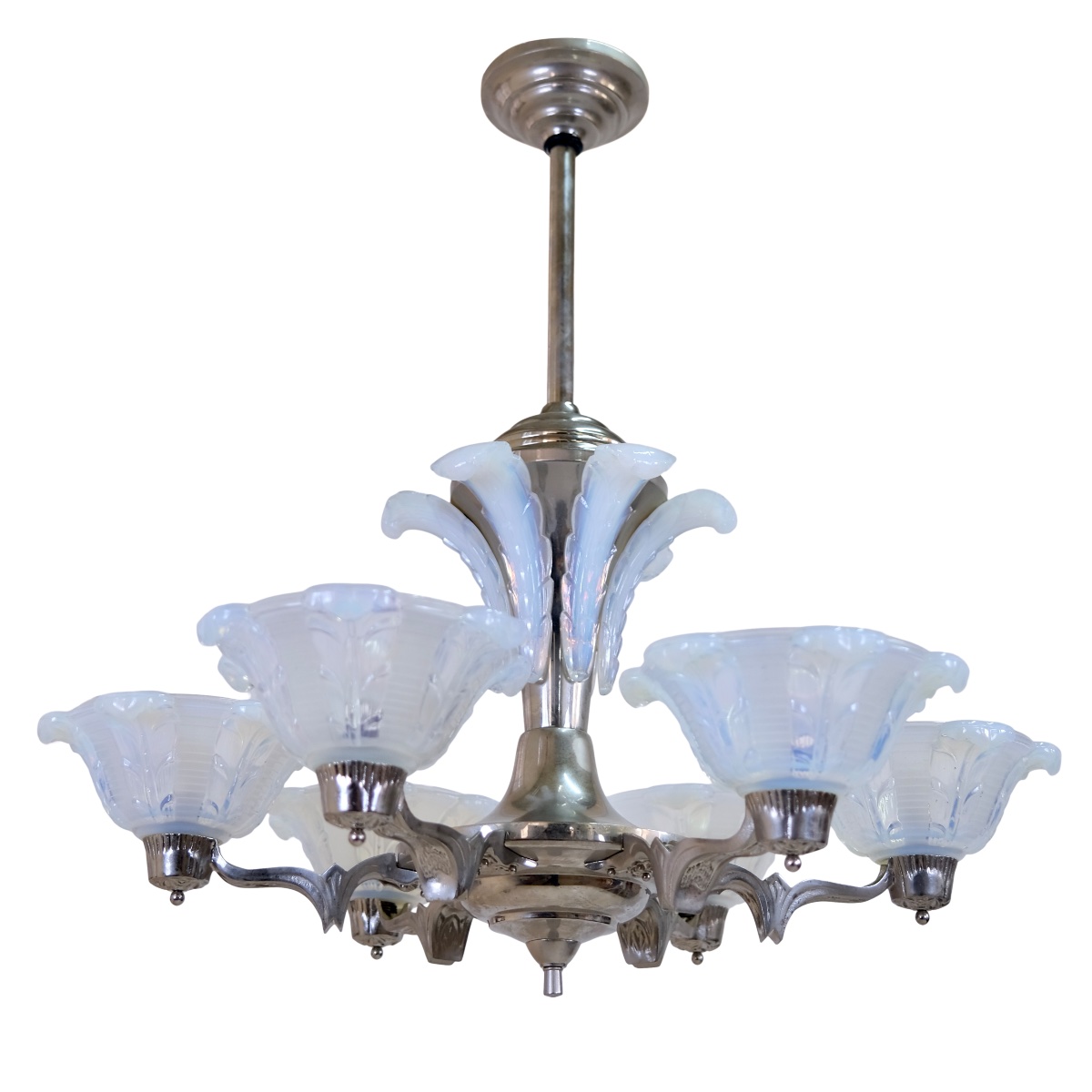 Ceiling Light Metal Frame, Nickel Plating Refurbished Opalescent Glass Shades-photo-1