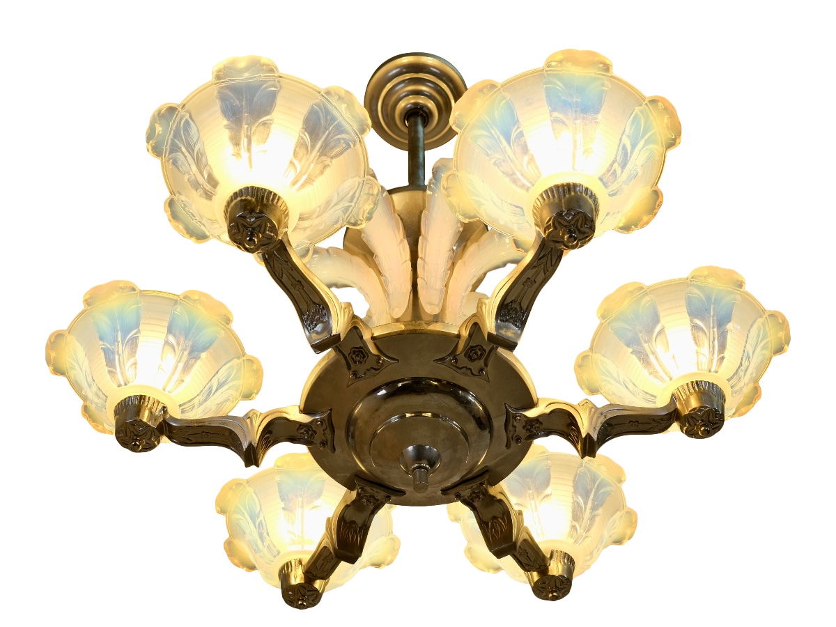 Ceiling Light Metal Frame, Nickel Plating Refurbished Opalescent Glass Shades-photo-2