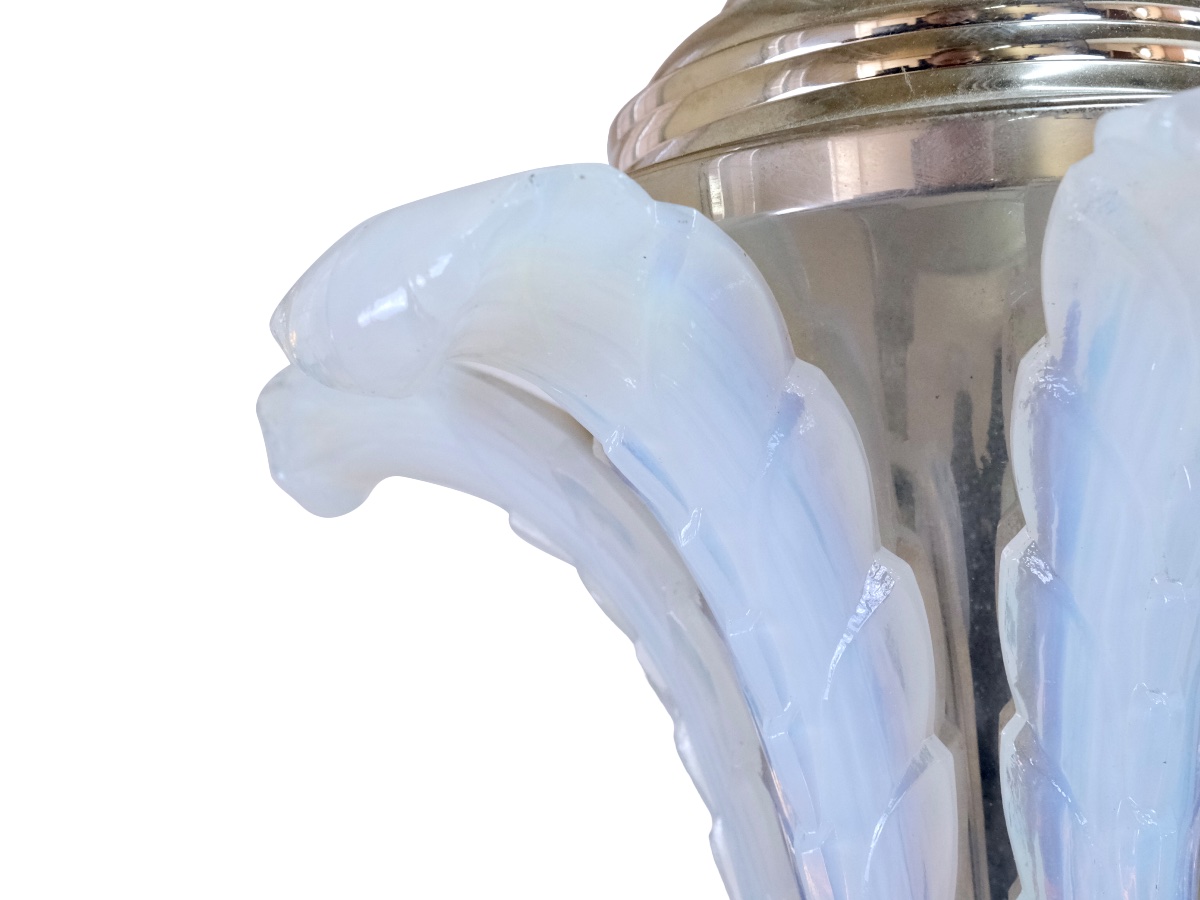Ceiling Light Metal Frame, Nickel Plating Refurbished Opalescent Glass Shades-photo-3