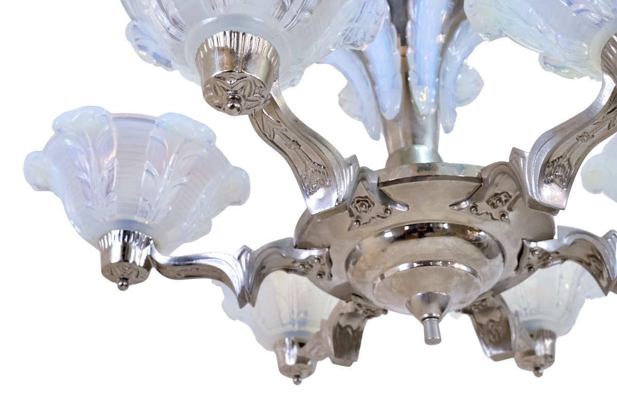 Ceiling Light Metal Frame, Nickel Plating Refurbished Opalescent Glass Shades-photo-6