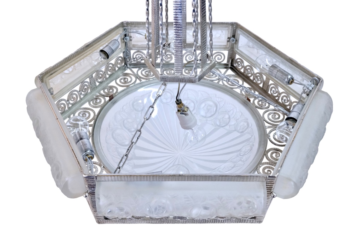 Ceiling Light, Wrought-iron Frame, Freshly Nickel-plated; Shades With Floral Patterns -photo-6