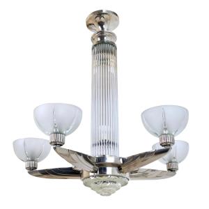 Art Deco 5-arm Ceiling Light With Glass Stems By "petitot"