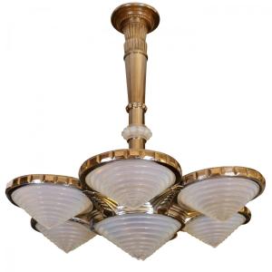 Art Deco Ceiling Light, Chrome And Opaline Glass; Signed “georges Leleu”