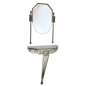 Art Deco Wrought Iron Console Table With Light Marble And Mirror