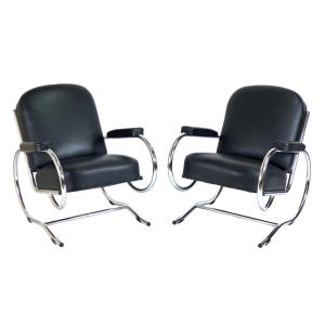 Pair Of Mid-century Armchairs With Curved Steel Tubes