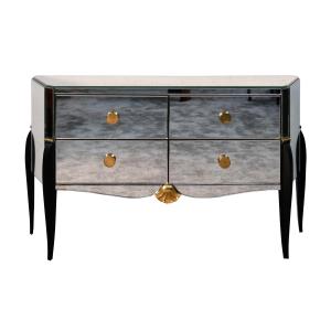 Art Deco Chest Of Drawers With Mirrors And Elegantly Curved Legs. Brass-colored Wall Lights.