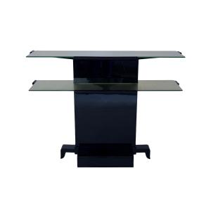 Console Art déco à deux étagères en verre miroir, base laquée noire haute brillance