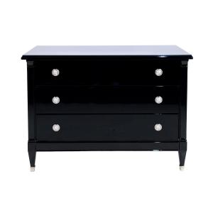 Commode à trois tiroirs en finition noire brillante, Art déco d'origine, France, années 1930