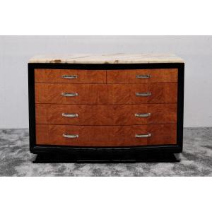 Art Deco Chest Of Drawers With 5 Drawers, In Glossy Black Lacquer Paired With Mottled Maple