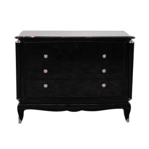 Three-drawer Chest Of Drawers; Glossy Black Lacquer Finish; Recently Nickel-plated Metal Hardware 