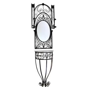 Three-piece Entryway Set Consisting Of A Mirror And A Half-moon Console Table In M