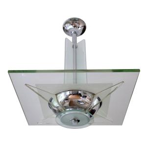 Ceiling Light With Thick Glass And A Frame Featuring Original Chrome Plating.