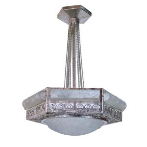 Plafonnier, Monture en fer forgé, fraîchement nickelée Verres à motifs floraux