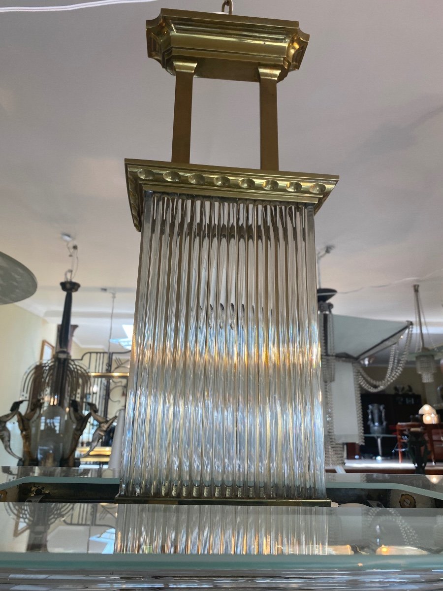 Lustre Petitot En Laiton Poli Et Baguettes De Verre- Art Déco 1930-photo-3