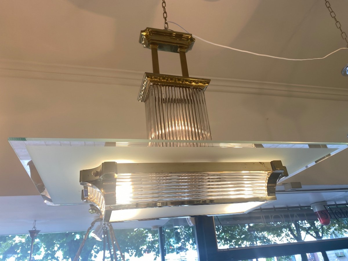 Lustre Petitot En Laiton Poli Et Baguettes De Verre- Art Déco 1930-photo-3