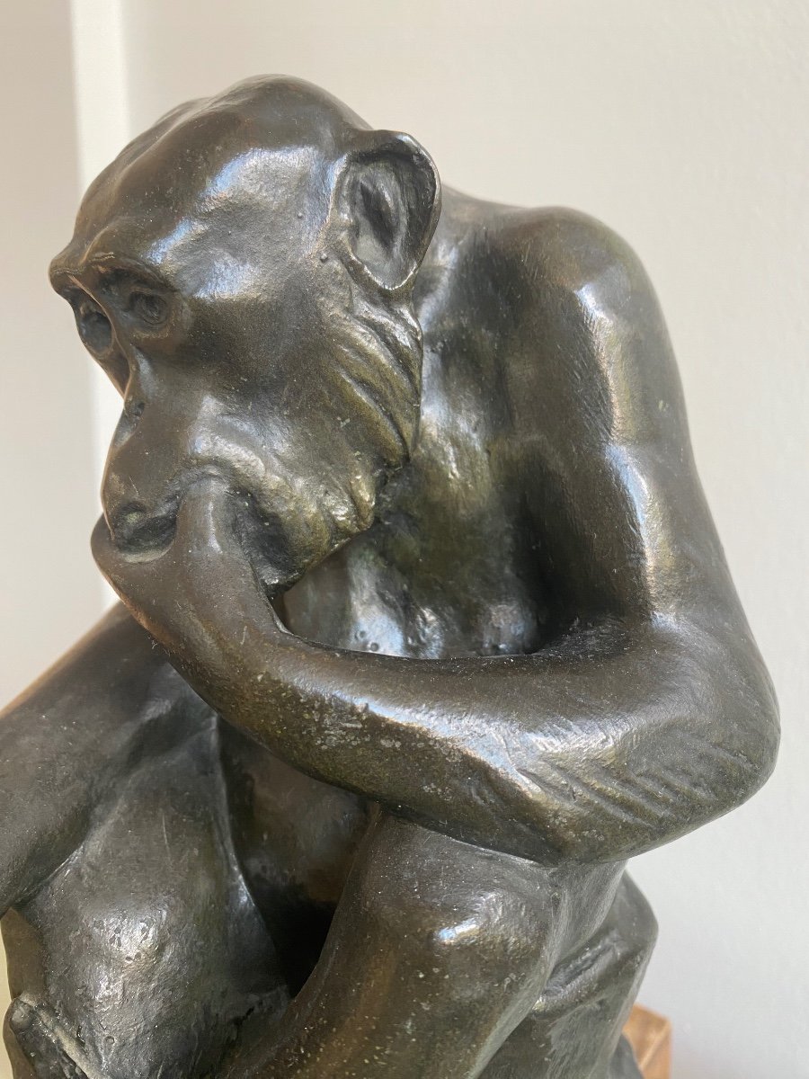 Illuminated Bronze Sculpture Signed "rochard" - Monkey With Alabaster Ball - Art Deco-photo-2