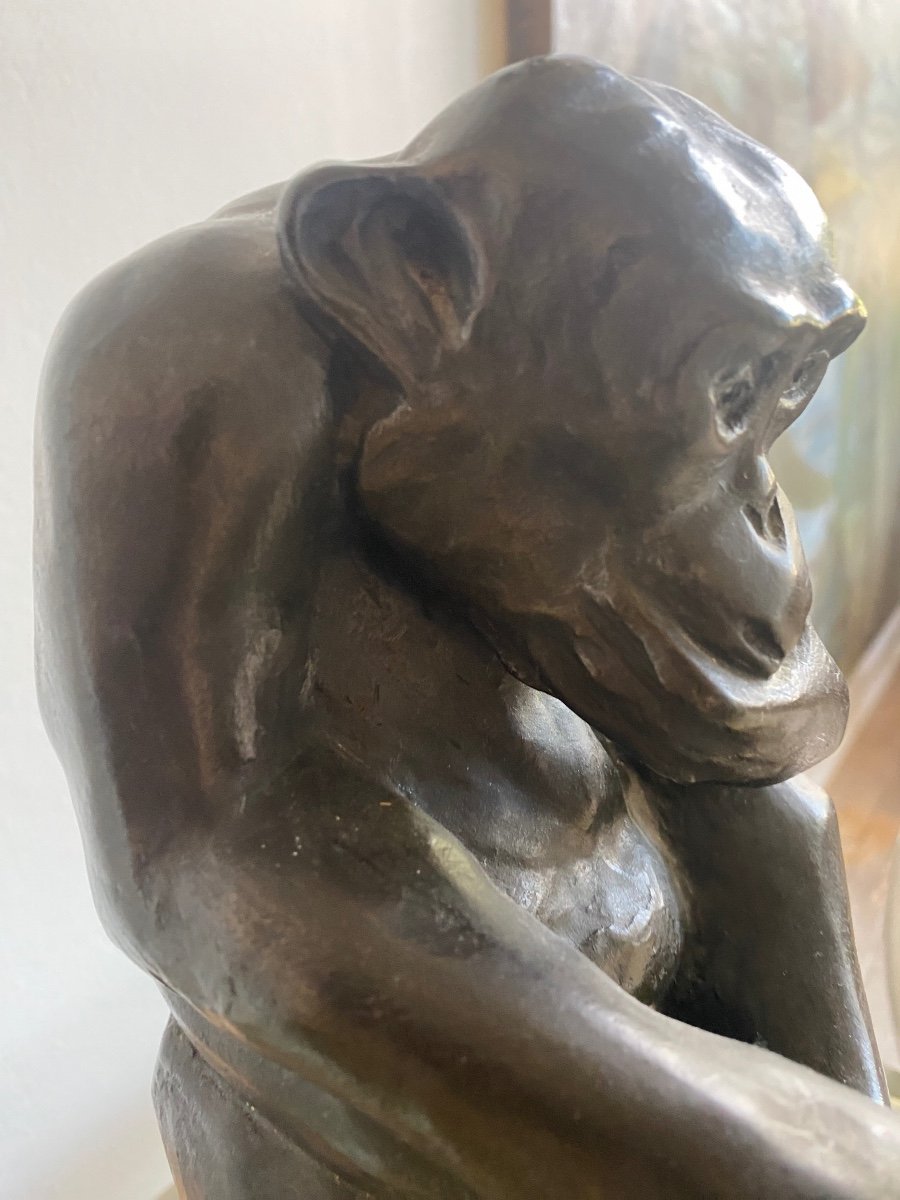Illuminated Bronze Sculpture Signed "rochard" - Monkey With Alabaster Ball - Art Deco-photo-2